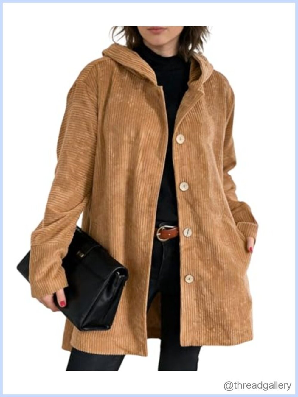 Corduroy Jacket with Hood Button Down Trench Coat Loose Fit Outerwear